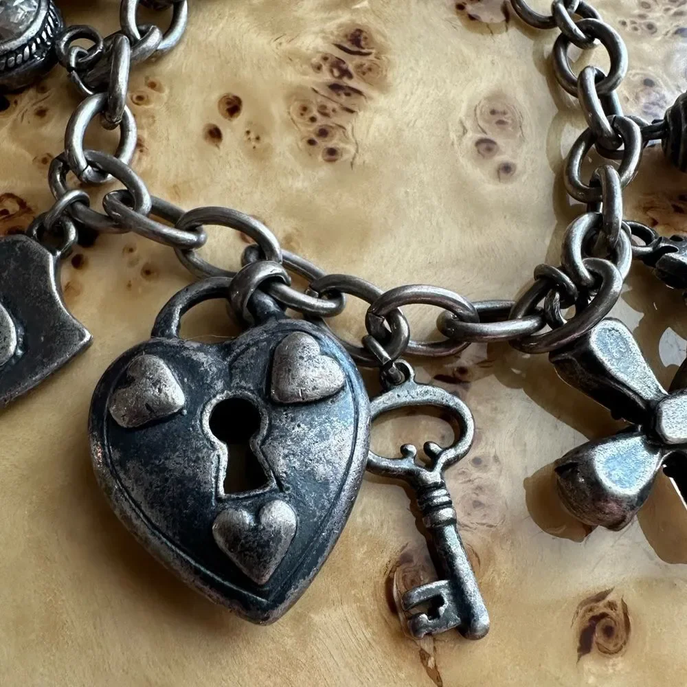 Chunky Loaded Silver Tone heart crystal lock crown pearl Charm Bracelet